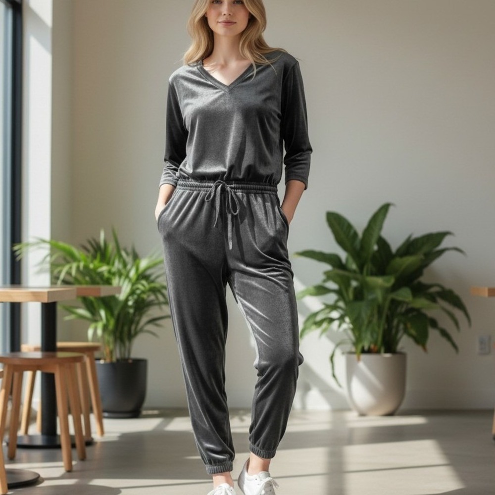 Calvin Klein Jumpsuit Womens Large Gray Velour V-Neck Drawstring Waist